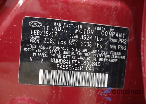 2017 Hyundai Elantra Se z USA, uszkodzony, nr VIN KMHD84LF5HU405840